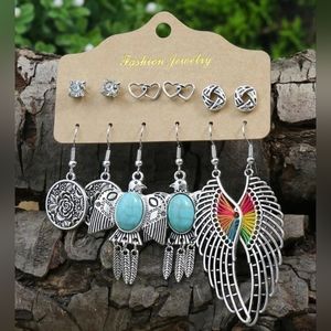 6 Pairs Decor Boho Earrings New Women's Fashion Jewelry Turquoise Tone Feather